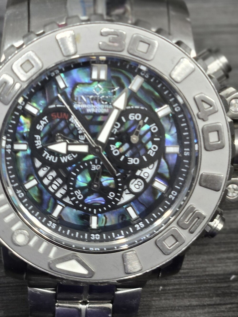Invicta Men's Silver Chronograph Watch with Iridescent Blue-Green Dial. 58mm